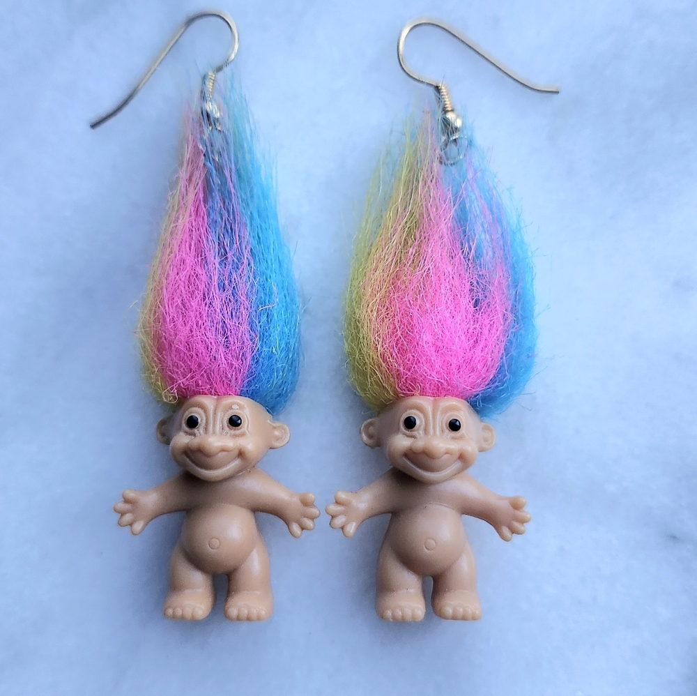 Russ Good Luck Rainbow Haired Troll Doll Earrings 1990s Set Colorful Hair Trolls